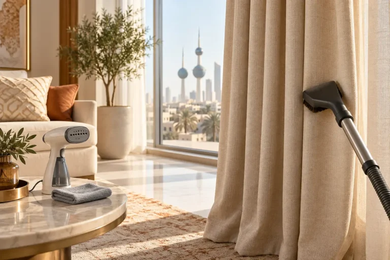 صيانة وغسيل الستائر في الكويت باستخدام المكنسة والبخار